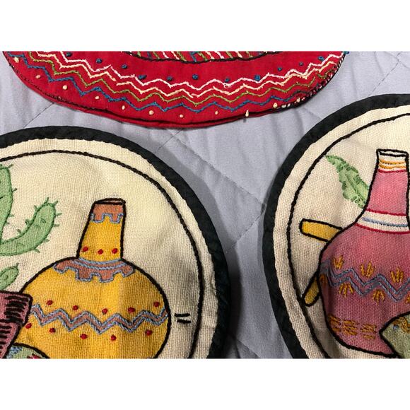 VTG Handmade 5 Pc Set Tea Towels Hot Pads Hand Stitched Southwest Mexcian Themed - Picture 5 of 10
